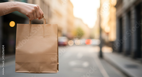 A hand holds a brown paper bag on a city street.