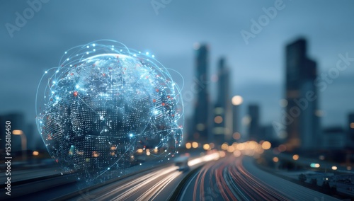 Glowing Digital Globe Over City Highway at Night, Illustrating Global Connectivity and International Business Expansion : Generative AI