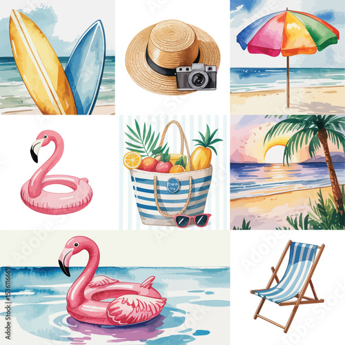 Summer Vacation Essentials Watercolor Collage Illustration