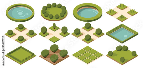 Isometric Garden Design Elements Collection for Landscaping