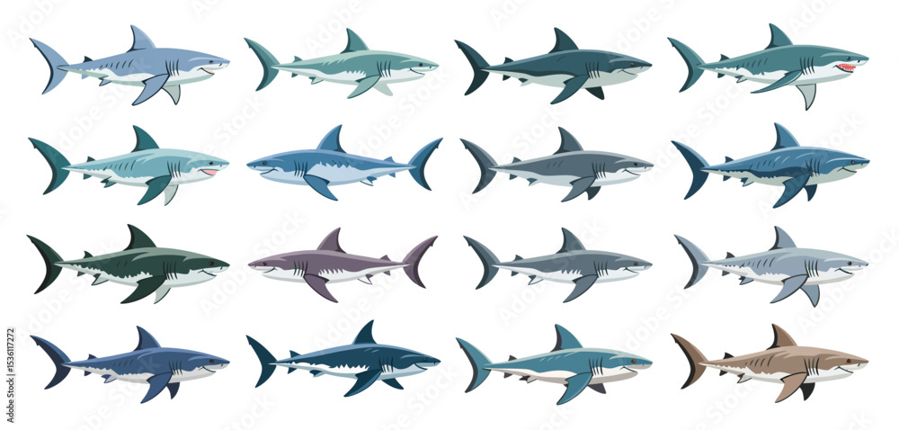 Fototapeta premium Collection of Cartoon Great White Sharks in Various Poses