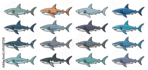 Twelve Cartoon Sharks in Various Colors and Sizes