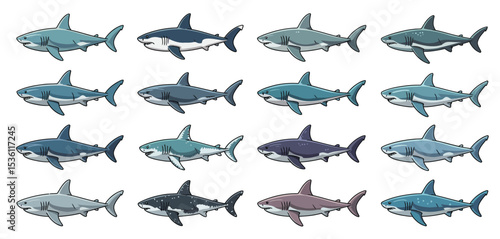 Twelve Cartoon Sharks in Various Colors and Poses