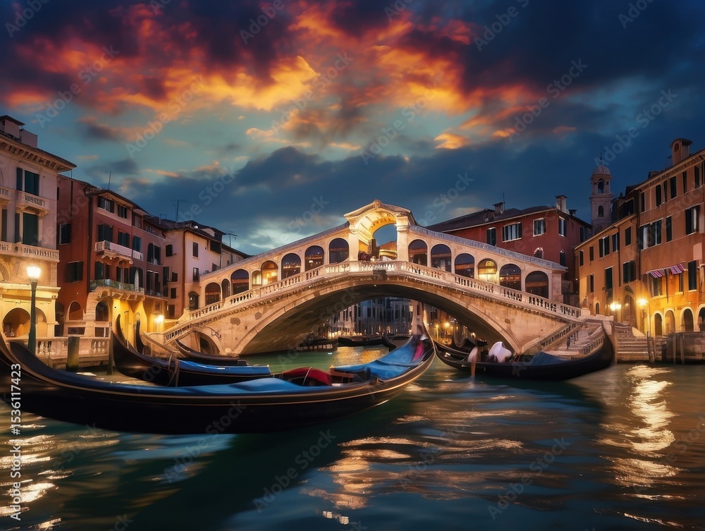 Obraz premium Venice Italy Cityscape at Dusk With Rialto Bridge View
