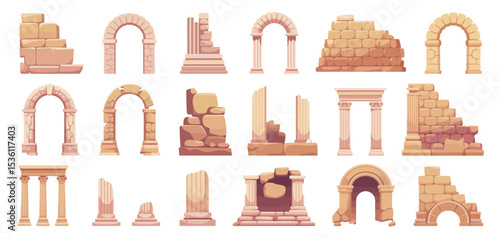 Ancient Roman Architectural Ruins and Arches Illustration Set