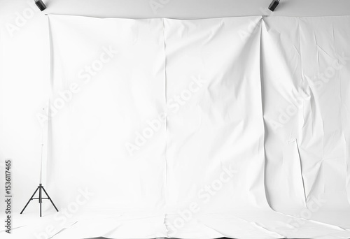 Giant white paper backdrop with stark black and white photo print,  illustration,  surface
