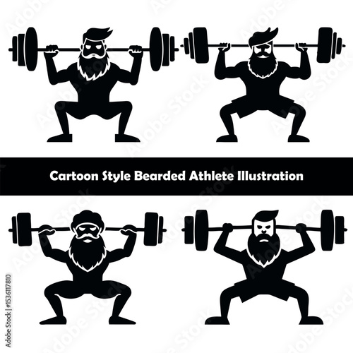 Four strong bearded men are doing barbell squats in a cartoonstyle black silhouette