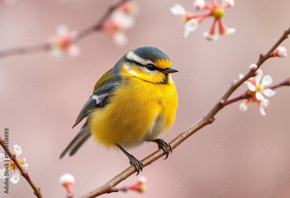 Great tit, vibrant yellow breast, perched on a delicate, blossoming branch in springtime, fauna, wings Great tit, vibrant yellow breast, perched on a delicate, blossoming branch in springtime, fauna, wings