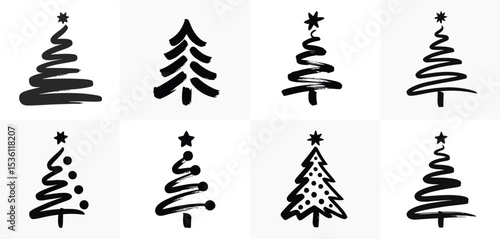 Eight Unique Black Ink Brush Stroke Christmas Trees