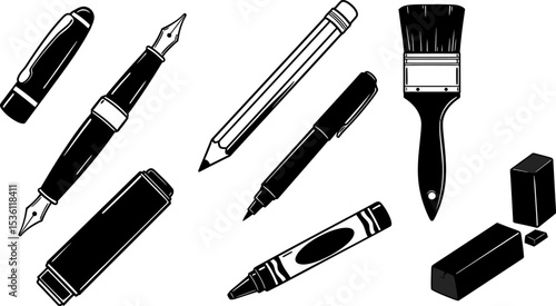 Vector art illustration of drawing writing tools fountain pen pencil crayon brush eraser for designers editable stock vector illustration