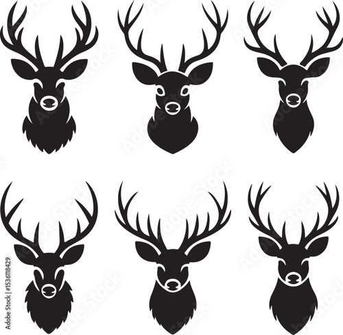 Graphic black silhouettes of wild deers – male, female and  roe deer