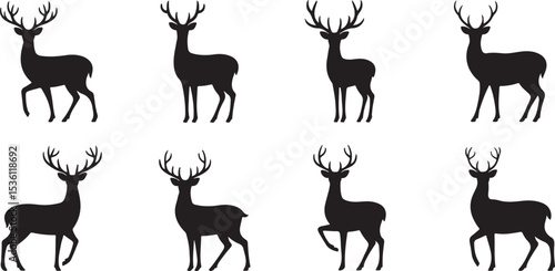 Graphic black silhouettes of wild deers – male, female and  roe deer