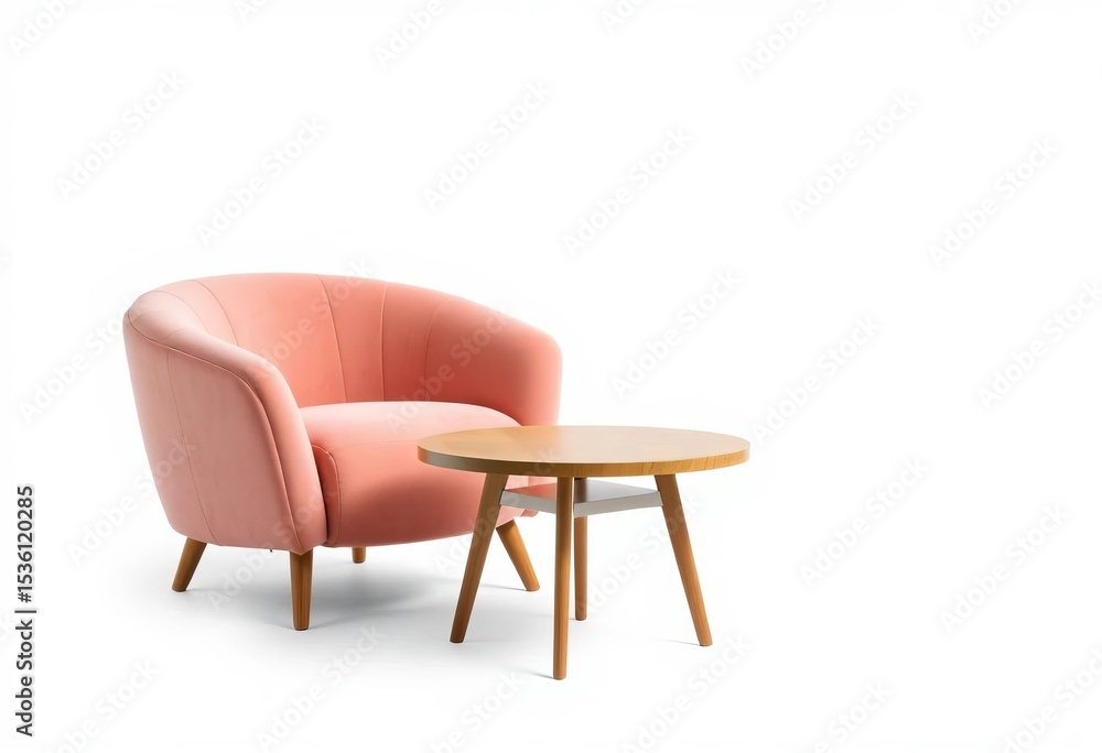 Obraz premium Plush armchair & round coffee table, isolated on white, living room, reading