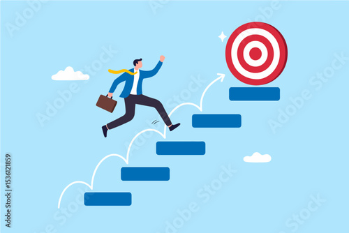 A stylized vector illustration depicting a businessman striving for success, jumping up steps towards a target. Ideal for presentations or business related content.