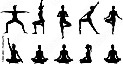 Yoga poses silhouettes vector illustration collection for fitness and wellness practices and meditation guide editable stock vector illustration