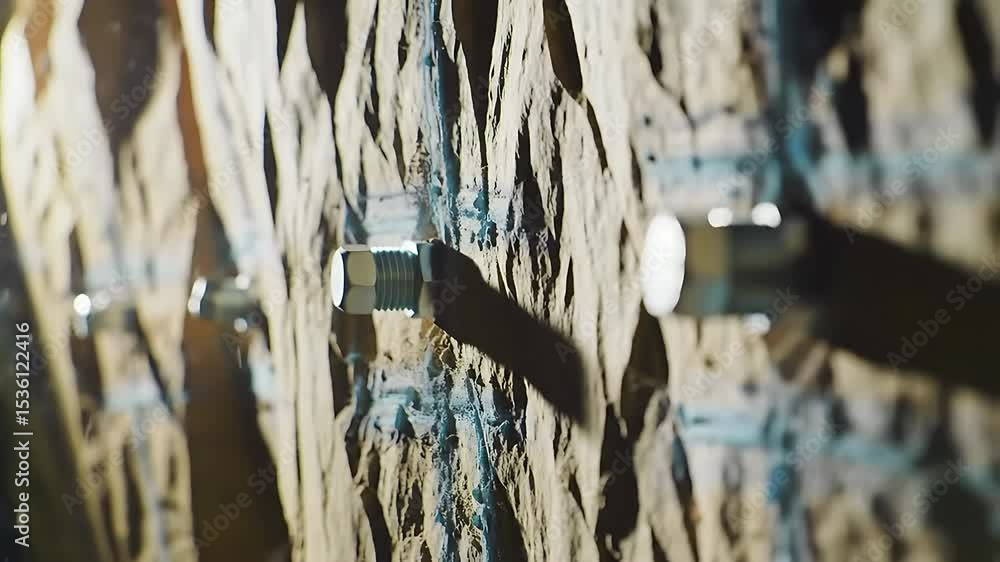 Silver Bolts Securing Textured Stone Wall with Shadows in Cool Lighting Detail