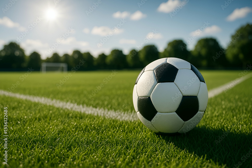 Fototapeta premium Soccer Ball on Green Field: The iconic soccer ball rests gracefully on the verdant field, poised for the next exhilarating moment in this dynamic sport.