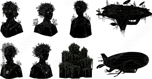 Futuristic fantasy illustration of characters and vehicles in black and white concept art design style editable stock vector illustration