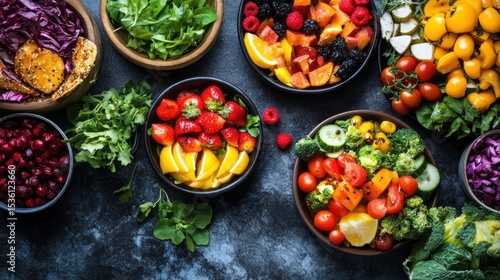 Wallpaper Mural A vibrant array of fresh fruits and vegetables in bowls arranged on a dark surface Torontodigital.ca