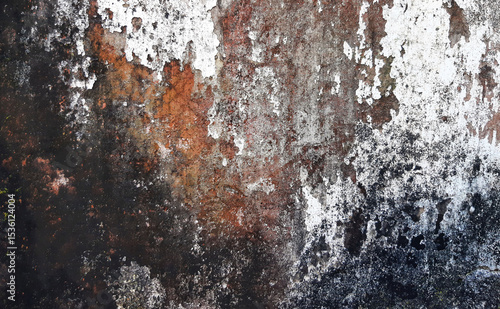 Closeup of a weathered wall with peeling paint and a rough surface Grunge wall texture background