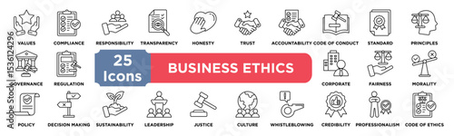 Business Ethics icon collection set. Containing values,compliance,responsibility,transparency,honesty,trust,accountability,conduct,standards,principles icon. Simple line vector.