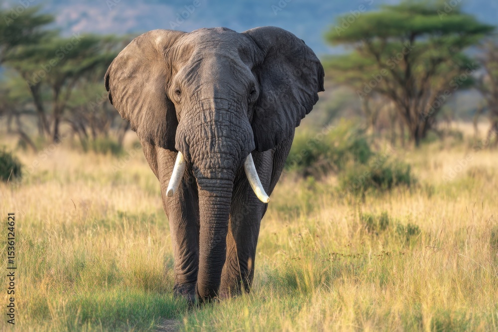 Elephant Walking Through Tall Grass in African Savannah, Showcasing Wildlife Conservation and Ecotourism : Generative AI Elephant Walking Through Tall Grass in African Savannah, Showcasing Wildlife Conservation and Ecotourism : Generative AI