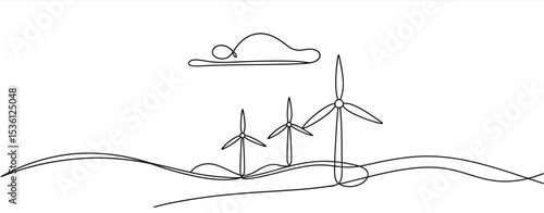 Single Line Drawing Wind Turbines and Cloud Landscape