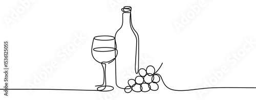 Single Line Drawing Wine Bottle Glass and Grapes