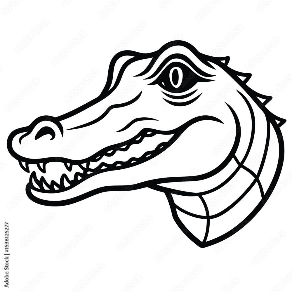Black outlines define a stylized alligator's head showcasing its distinct features prominently Black outlines define a stylized alligator's head showcasing its distinct features prominently