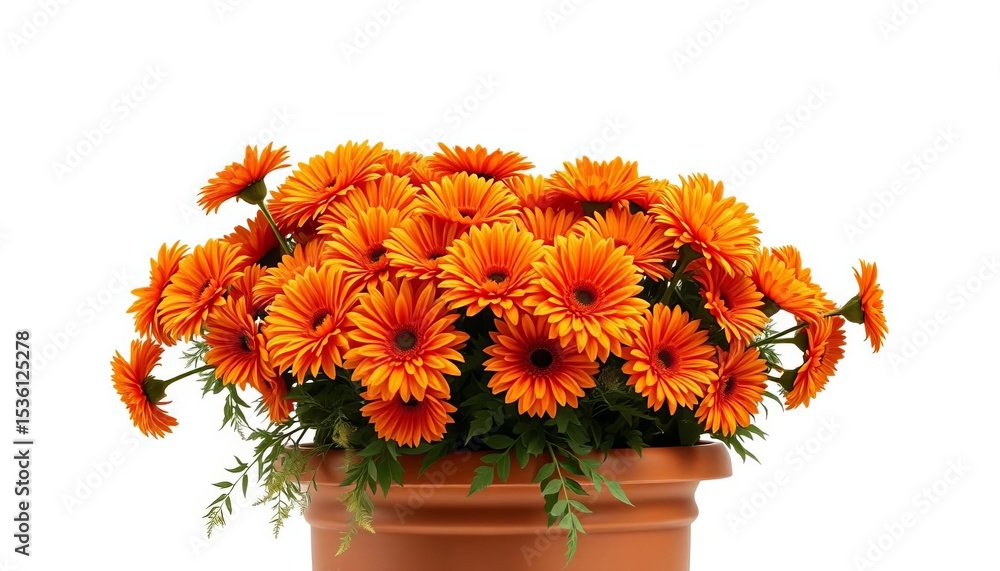 Fototapeta premium Vibrant orange chrysanthemums in a large terracotta pot, isolated on white, photography, bloom