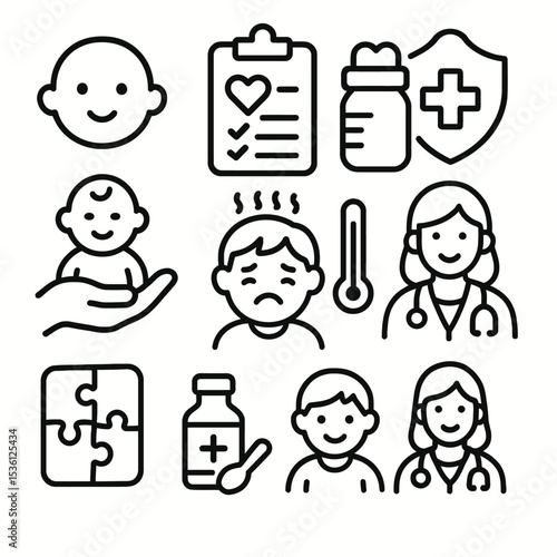 Black and white icon set illustrating child healthcare, including baby care, pediatric consultation, illness, and medicine. Suitable for medical apps, websites, or educational materials.