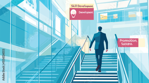 Business Professional Climbing a Staircase Symbolizing Career Growth, Jobs Careers