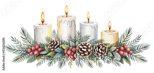 Watercolor Christmas Candles with Pine Cones and Berries