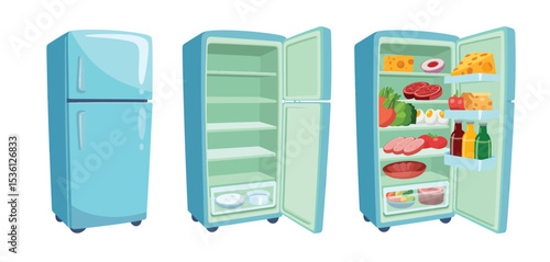 Three Illustrations of a Light Blue Refrigerator