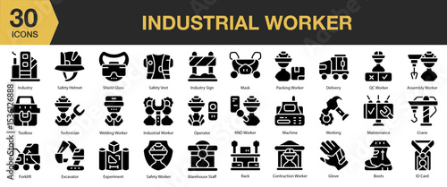 Industrial Worker solid icon set. Includes safety, job, manufacturing, engineering, construction, and More. Solid icons vector collection.