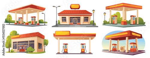 Various Cartoon Gas Stations and Convenience Stores