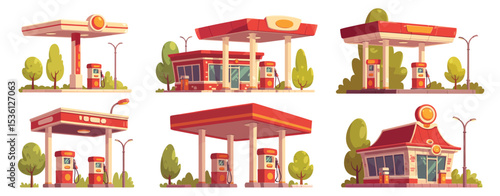 Six Different Cartoon Gas Station Designs with Pumps