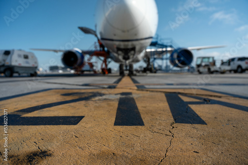 Airport ground marking leading to a Commercial aircraft parked outside while maintenance is being performed.