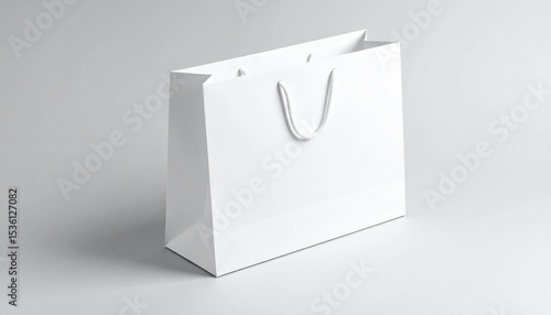 Realistic white paper shopping bag mockup with rope handles, isolated on a gray background. Ideal for branding, packaging design, or commercial use.
