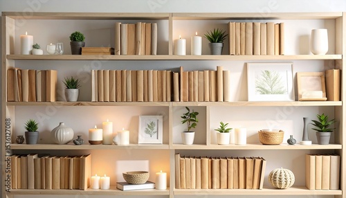 Minimalist bookshelf with neutral books, candles, framed art, and decorative items in cozy lighting. Perfect for home decor, lifestyle, or interior design themes.