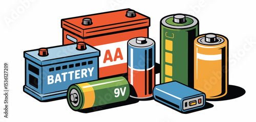 Assortment of Batteries Car Battery AA Battery 9V Battery