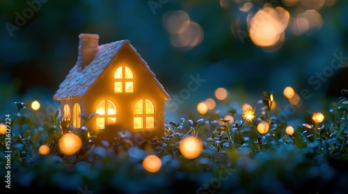 Wallpaper Mural Miniature, illuminated house nestled in greenery at night.  Soft, warm light from within, bokeh effects around Torontodigital.ca