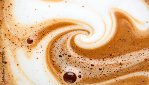 Macro close-up of swirling coffee foam and chocolate powder. Rich textures and warm tones. Perfect for beverage ads, food blogs, or abstract backgrounds.