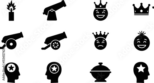 Vector icons set with cannon, torch, crown, head with star, and pot for graphic design projects editable stock vector illustration