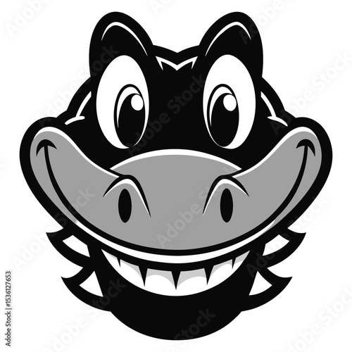 Cartoonish alligator smiles widely showing white teeth and gray skin in this black and white design