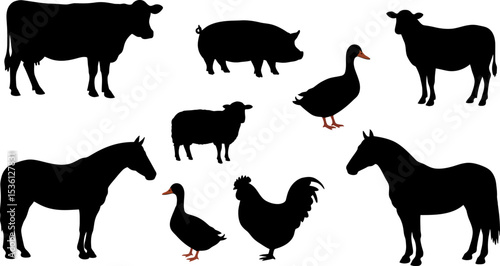 Farm animals silhouettes vector graphic illustration for design and decoration isolated on white background editable stock vector illustration