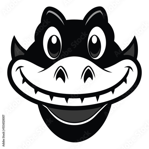 Cartoon alligator face shows a big toothy smile in a black and white drawing