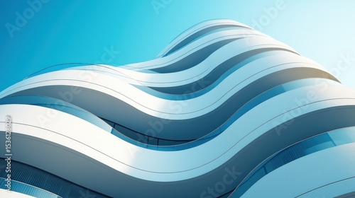 Modern architectural building with wavy facade against a clear blue sky