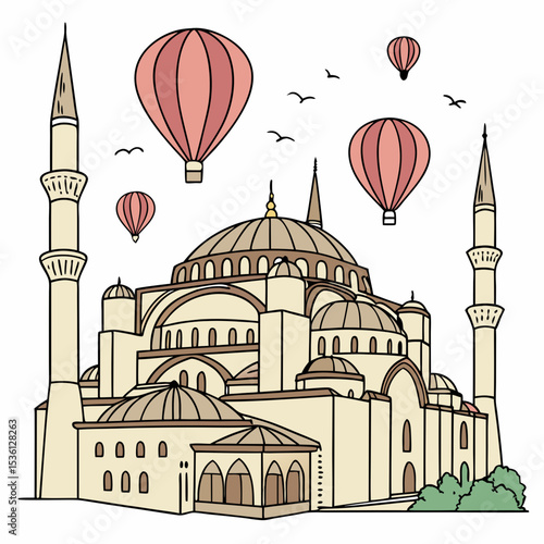 Sultanahmet Mosque Istanbul with Hot Air Balloons Turkey