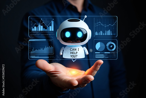 Friendly Robot Assistant Offering Help with Data Analysis and Business Insights